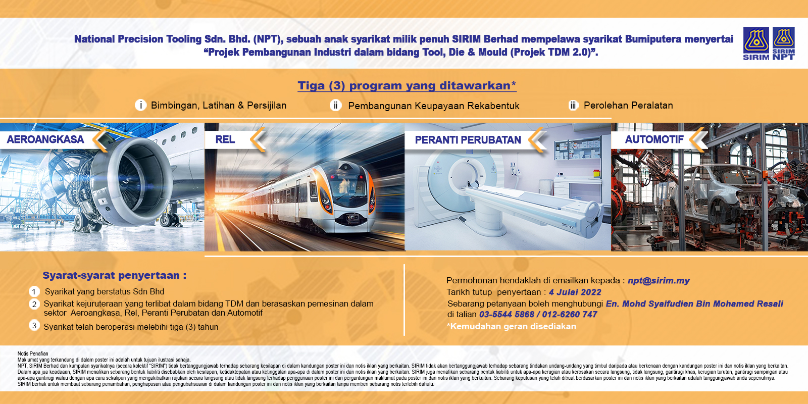 Poster: National Precision Tooling Sdn. Bhd. offers three programmes — Coaching, Training and Certification, Design Capability Development and Equipment Acquisition — to Bumiputera TDM companies in the aerospace, rail, medical devices and automotive sectors